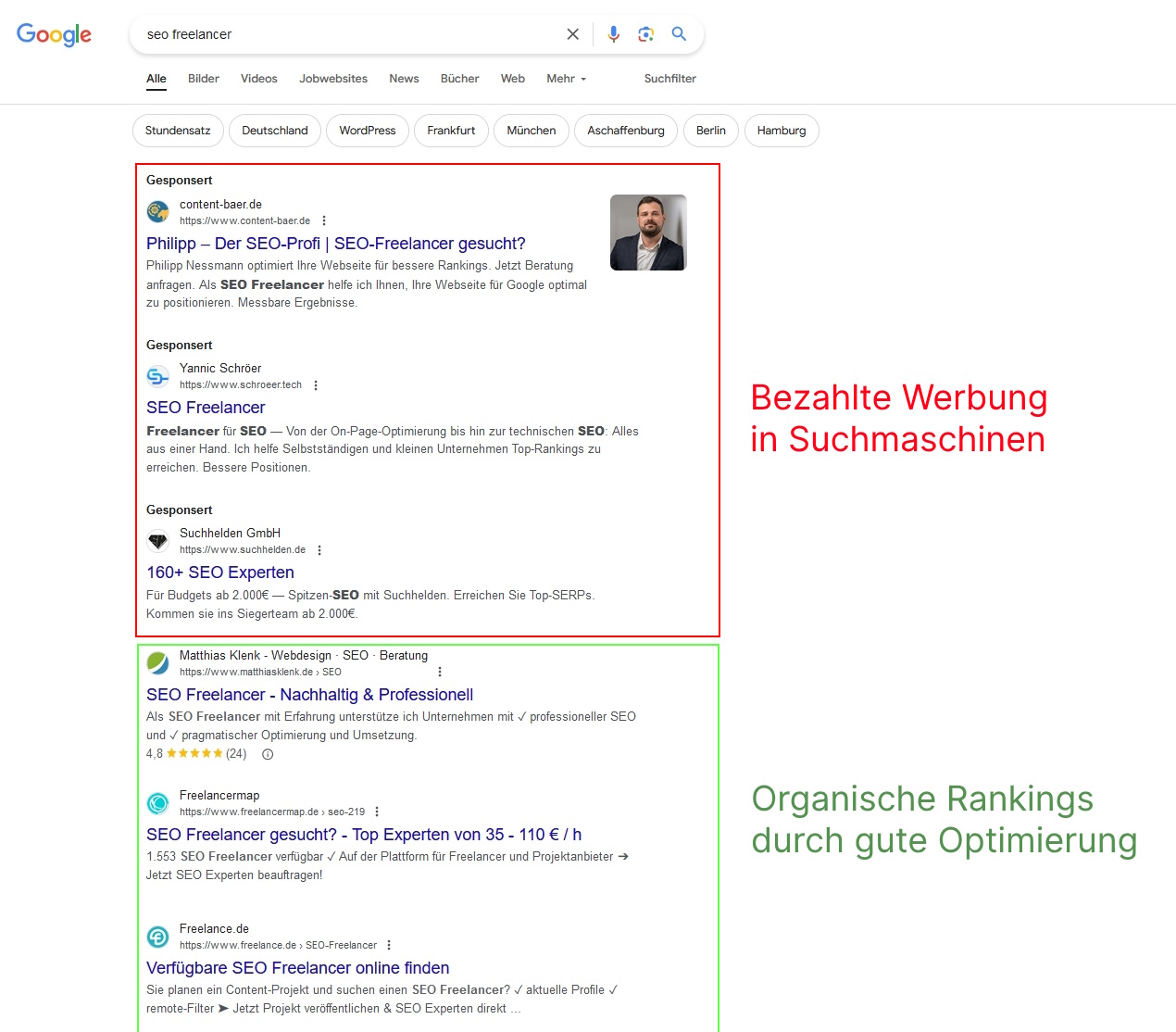 Suchmaschine zeigt Werbung und echte Rankings